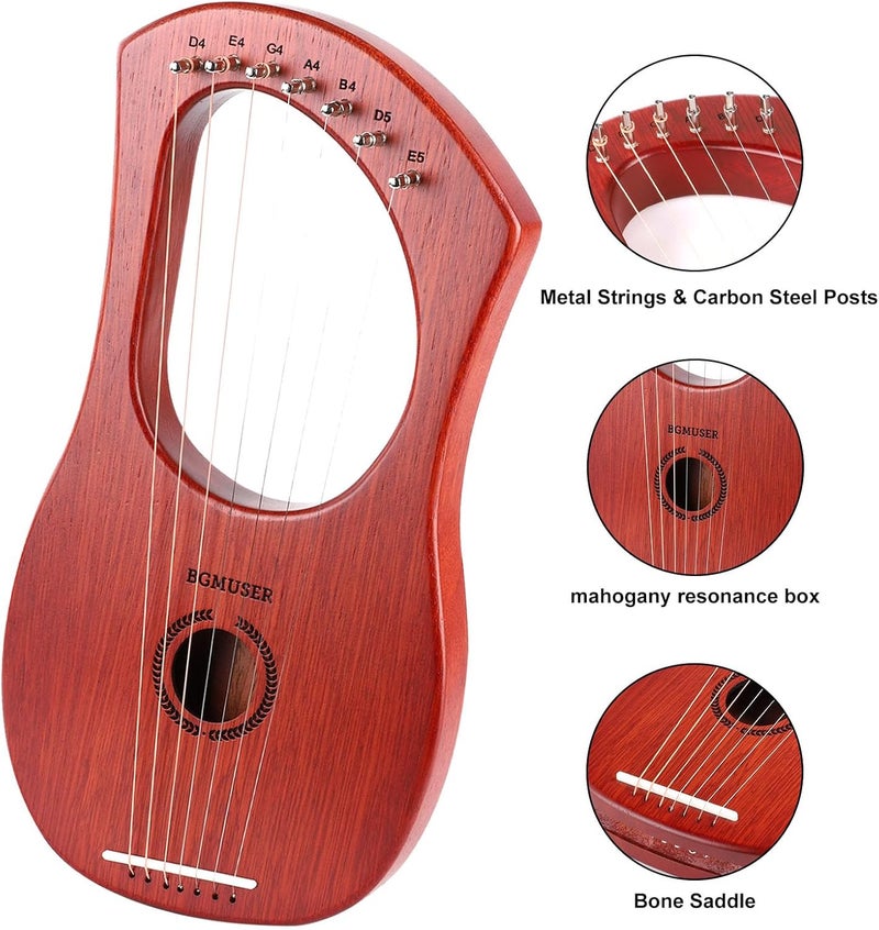 BGMUSER Lyre Harp 7 Strings with Bag,Tuning Wrench,Metal Strings, Mahogany Body and Bone Saddle,Mini Harp Instrument for Beginner - Image 2